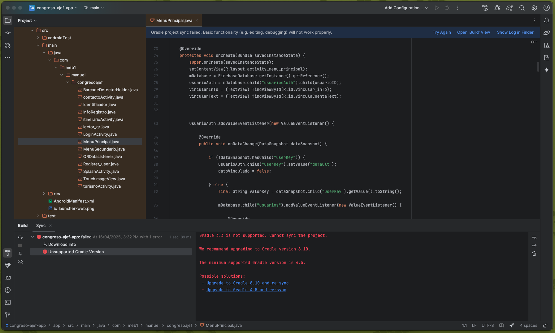 Screenshot of my actual development environment in 2025, opening a 2017 Android project.